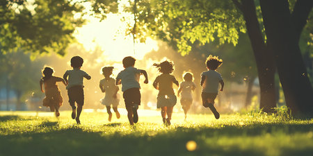 Group of children running together in the park at sunset. Selective focus.の素材