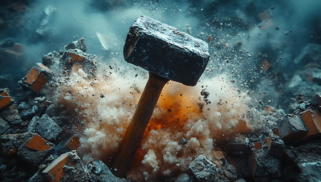 Hammer breaking through the wall. Mixed media. Mixed media. Mixed mediaの素材