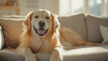 Cute golden retriever lying on sofa in living room at homeの素材