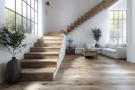 Interior of modern bright living room with white walls, wooden floor, white sofa and wooden staircase. 3d renderingの素材