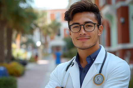 Portrait of a handsome young male doctor with stethoscope and glassesの素材