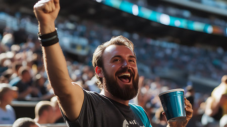 EPICENTER Counter Strike: Global Offensive esports event. Fan with a cup of coffee on the main stageの素材