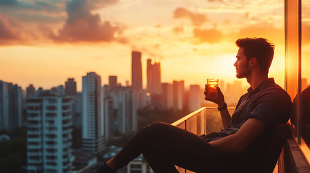 Young man sitting on the balcony with a glass of whiskey at sunsetの素材