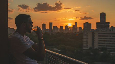 Young Asian man drinking a cup of coffee and looking at the city skyline at sunset.の素材