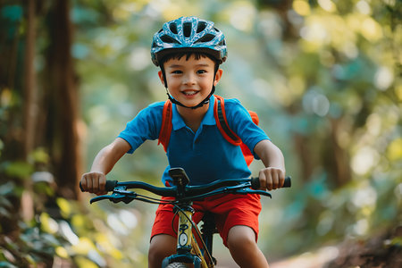 Happy asian kid boy riding bicycle in forest. Happy child having fun on summer holiday.の素材