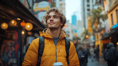 handsome young man with cup of coffee looking away in city streetの素材