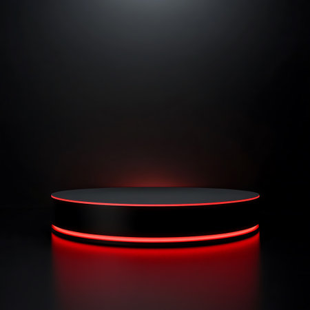 Black podium with red neon light on dark background. 3D renderingの素材