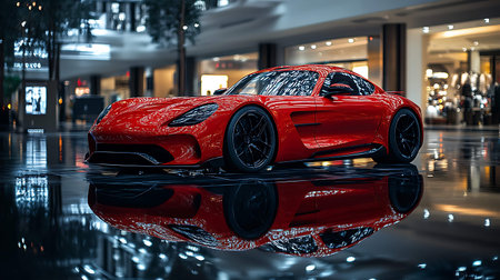 3D rendering of a brand-less generic concept car in a shopping mallの素材