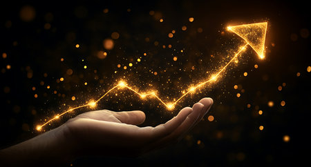 Close up of hand holding glowing arrow on dark background 3D renderingの素材