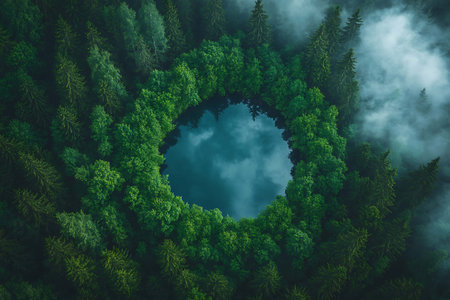 Aerial view of green forest and lake in the middle of fogの素材