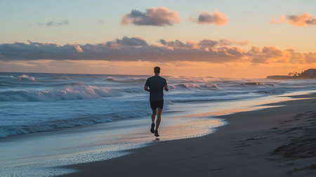Young man running on the beach at sunset. Healthy lifestyle and fitness concept.の素材