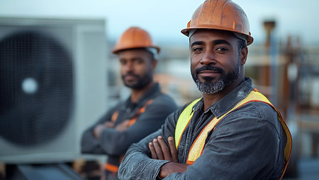Portrait of confident african-american worker in hardhat standing with arms crossed on construction siteの素材