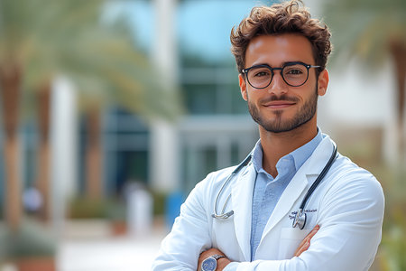 Portrait of a handsome young male doctor standing with arms crossed.の素材