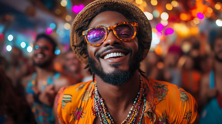Close-up portrait of a smiling african american man in sunglasses and a hat on a partyの素材