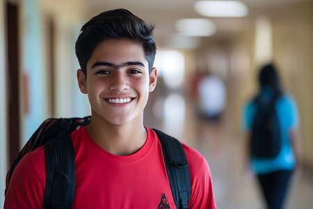 Portrait of smiling college student with backpack in corridor at the universityの素材