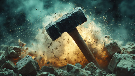 Hammer hitting the ground. Conceptual image of destruction and danger.の素材