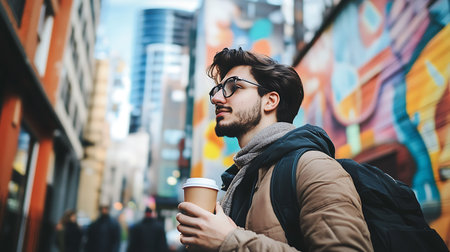 young handsome hipster man in the city with coffee cup in handsの素材