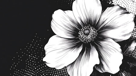 Black and white monochrome illustration with poppy flower. Floral background.の素材