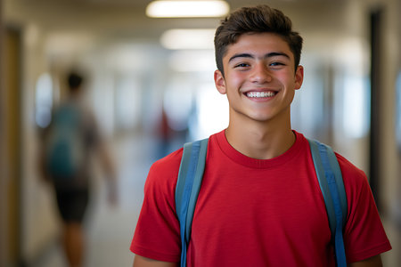 Portrait of happy college student smiling at camera in corridor at schoolの素材