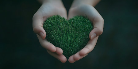 Green heart in child hands on dark background. Love and romance conceptの素材