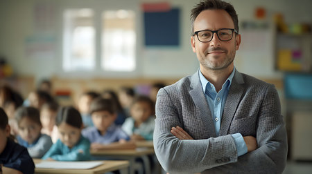 Portrait of smiling teacher standing with arms crossed in classroom at elementary schoolの素材