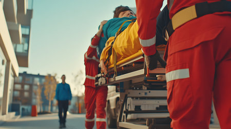 Paramedics in uniform and with stretcher on stretcher.の素材
