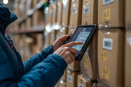 Female warehouse worker using digital tablet in a warehouse. This is a freight transportation and distribution warehouse.の素材