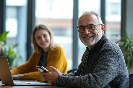 Portrait of smiling senior man using credit card and laptop in officeの素材