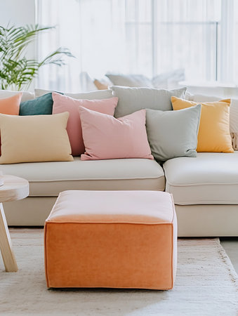 modern living room with set of pillows on sofa, interior design conceptの素材