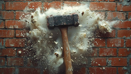 Hammer breaking a brick wall. Conceptual image of destruction.の素材