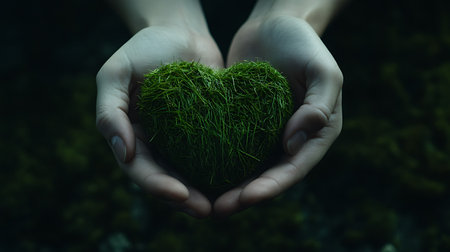 Hands holding a heart shape made of green grass on dark backgroundの素材