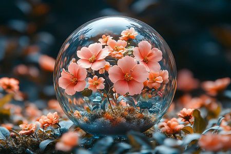 Crystal ball with pink flowers in the forest. 3D rendering.の素材