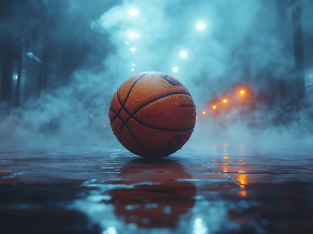 Basketball ball on the floor in a dark room with smoke and lightsの素材