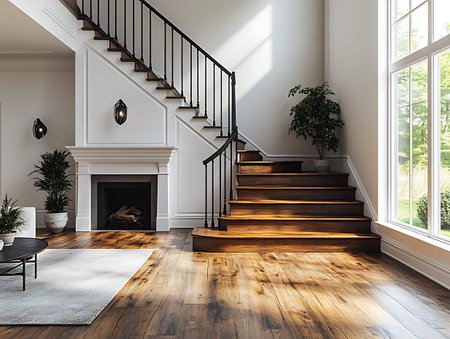 Interior of a living room with a fireplace, 3D renderの素材