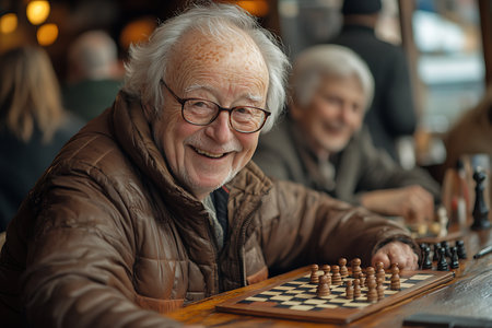 Chess game. Cheerful senior man smiling while playing chess with his friendsの素材