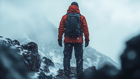 Man in a red raincoat standing on top of a mountain.の素材