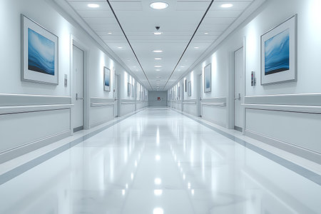 3d render of interior of a modern hospital corridor with white wallsの素材