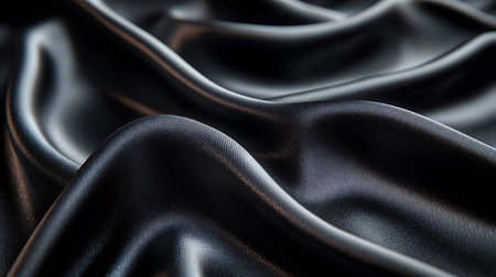 Closeup of rippled black satin fabric as background textureの素材