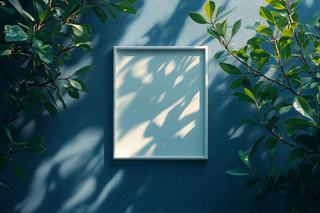 3d render of blank frame on blue wall with green leaves.の素材