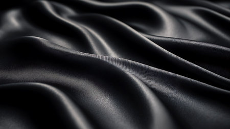 Closeup of rippled black satin fabric as background textureの素材