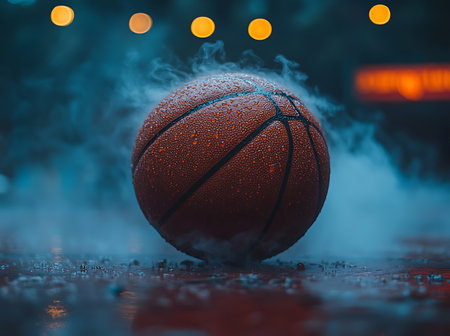 Basketball ball with smoke on a dark background with bokeh lightsの素材