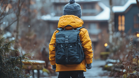 Back view of young man with backpack walking on snowy street in winterの素材