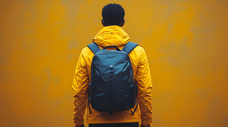 Back view of young african american man in yellow jacket with backpack on yellow backgroundの素材