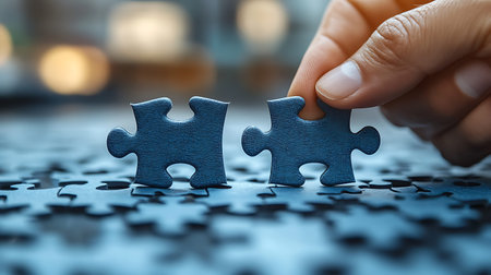 Close up of businesswoman hand connecting jigsaw puzzle pieces. Teamwork conceptの素材