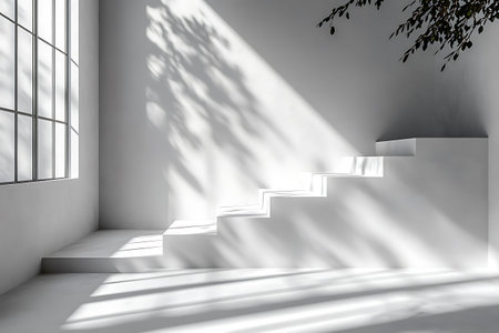 3d render of white room with stairs and shadow from the windowの素材
