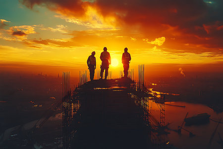 Silhouette of a group of people standing on the bridge at sunset.の素材