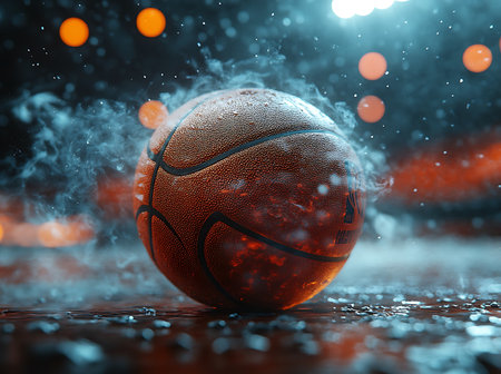 Basketball ball in the rain on the basketball court. 3d renderingの素材