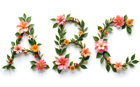 alphabet made of flowers and leaves on white background, letteringの素材