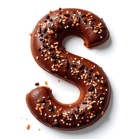 Chocolate donut letter S isolated on white background, top viewの素材