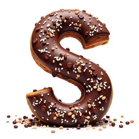 Chocolate letter S with nuts and chocolate glaze isolated on white backgroundの素材